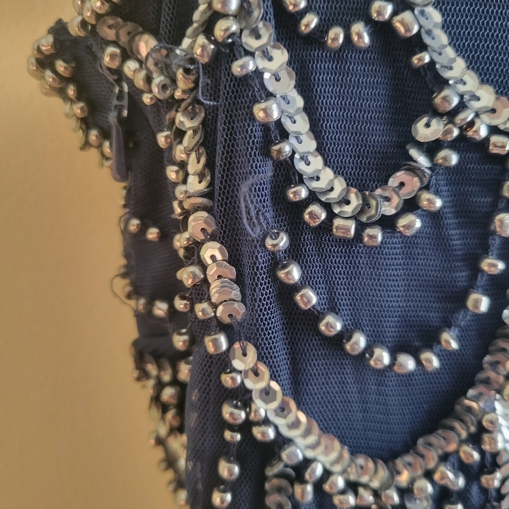 Pisarro Nights Beaded Cocktail Dress Size 4 Navy Blue Silver Sleeveless Formal - Picture 7 of 10